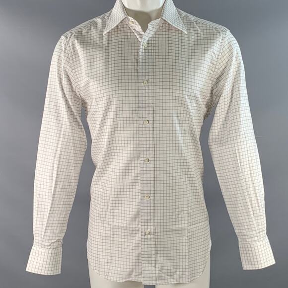 ERMENEGILDO ZEGNA Size M White Blue & Brown Checkered Long Sleeve Shirt